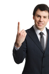 businessman isolated on white shows finger