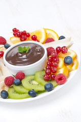 chocolate sauce, fresh fruit and berries, vertical