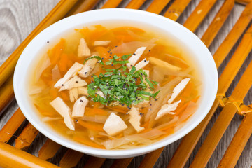 vegetable soup with chicken and greens, top view