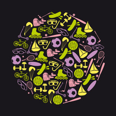 summer sports and equipment icon set in circle eps10
