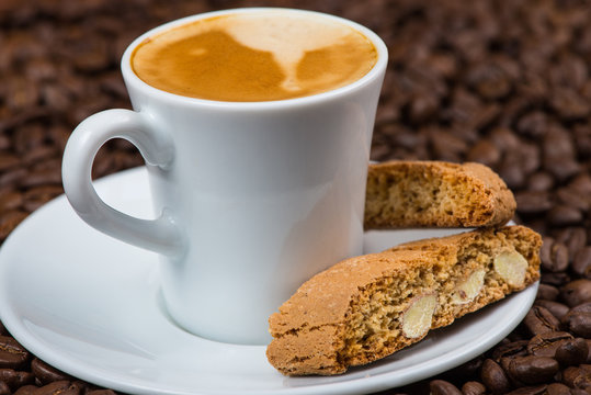 Italian style breakfast, coffee with almond biscuits