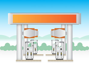 Modern roadside gas station with fuel pumps beneath a blank orange canopy, landscape vector illustration for petroleum retail, highway travel, fleet refueling, and service business advertising. © DifferR