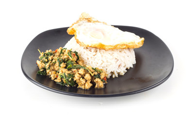 Dish of rice - egg and stir fried chiicken with basil