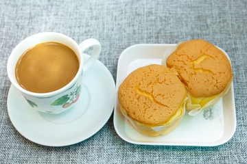 Cakes, soft cake and coffee.
