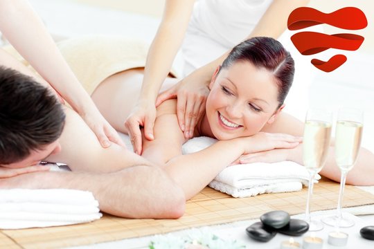 Composite image of positive young couple enjoying a back massage