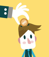 Big hand giving bonus to small businessman. flat design vector