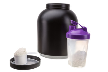 Gaining muscle mass. Protein and shaker for fitness