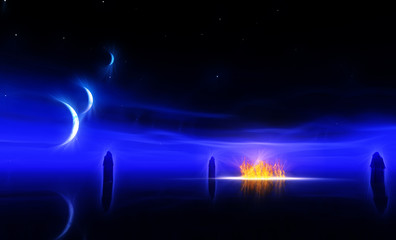 Figures approach fire in the night on other world