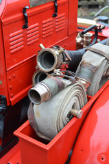 Fire rescue water hoses on pre 1960 British fire tender.