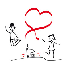 Glückliches Brautpaar - Paar mit Herz - Luftsprung vor Freude am Tag der kirchlichen Trauung, Heirat, Hochzeit, bride to be, jga, junggesellenabschied