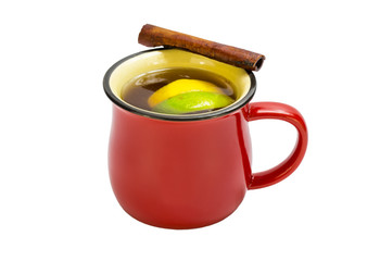 mug of hot mulled wine on a white background