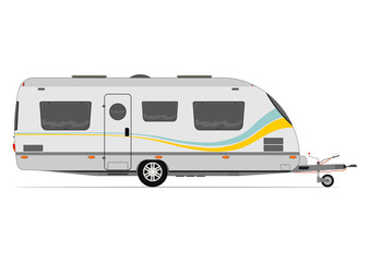 Caravan. Modern camper trailer. Towed trailer without car. Flat vector.