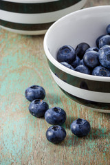 Blueberries in a bowl on a wooden table.