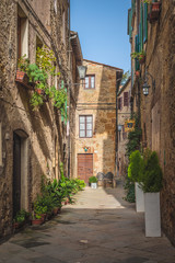Street in old mediaeval town in Tuscany, Pienza.