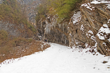hiking road with snow in mountain