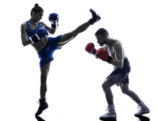 woman boxer boxing man kickboxing silhouette isolated - obrazy, fototapety, plakaty