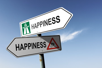 Happiness directions. Choice for easy way or hard way.