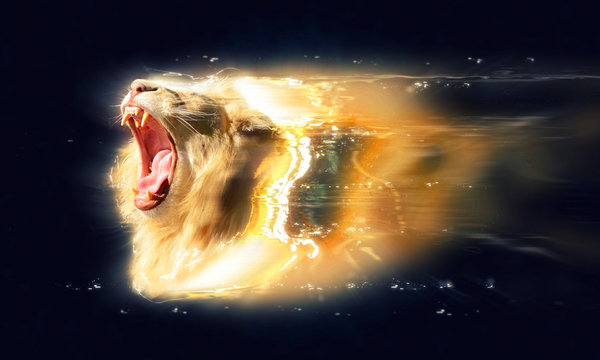 White lion with open jaws, abstract animal concept