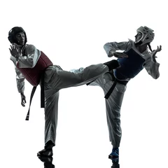 Papier Peint photo Lavable Arts martiaux karaté taekwondo arts martiaux homme femme couple silhouette