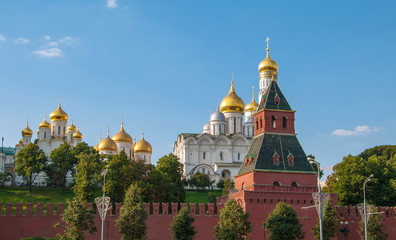 Fototapeta na wymiar View of Kremlin cathedrals, wall and tower of Moscow Kremlin