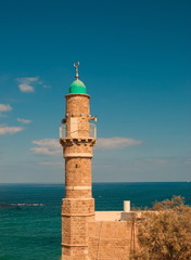 The minaret of ancient mosque Al Bahr in Jaffa in Tel Aviv
