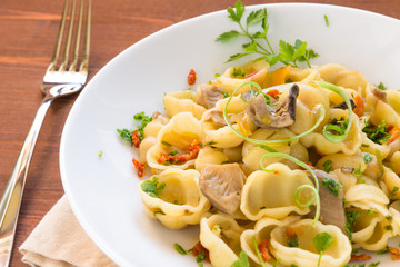 Gnocchi with mushrooms and dried tomatoes, italian cusine