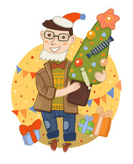 мужчина в окружении подарков держит в руках новогоднюю елку