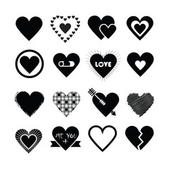Assorted designs of black silhouette hearts icons set