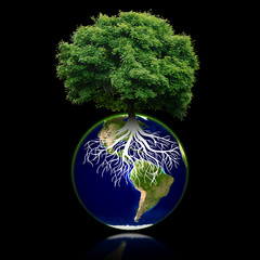 Small eco planet with tree and roots on it. Green Earth concept