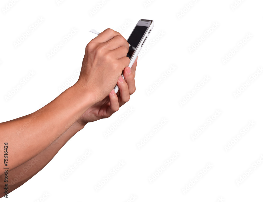 Poster business man take notes with smart pen on smart phone isolated