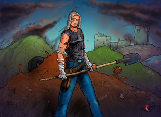 Guy with a shovel at the dump