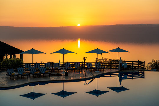 Sunset in Dead Sea viewed from Jordan.