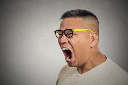 mad displeased angry man with glasses open mouth screaming