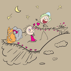 Couple in love fly on the carpet plane