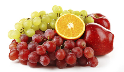 Grape, apples and orange isolated on white background