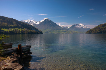 View of Lucerne lake with swiss alps in spring