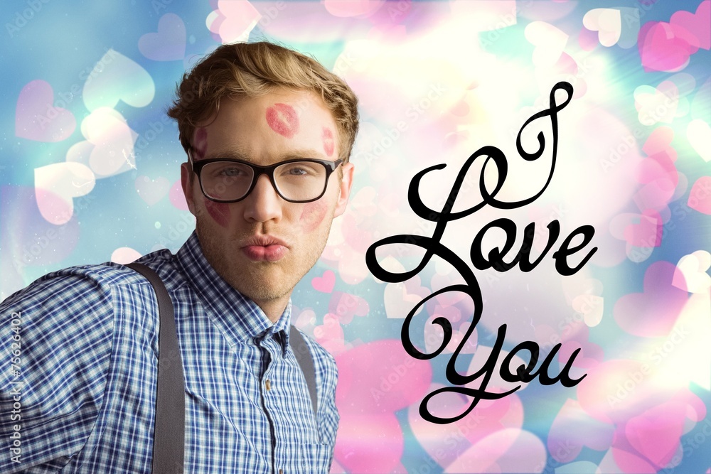 Poster composite image of geeky hipster covered in kisses
