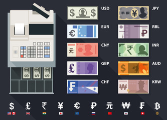 vector currency, money and cash register