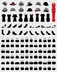 Fototapeta na wymiar Silhouettes of women's hats, dress, handbags and shoes