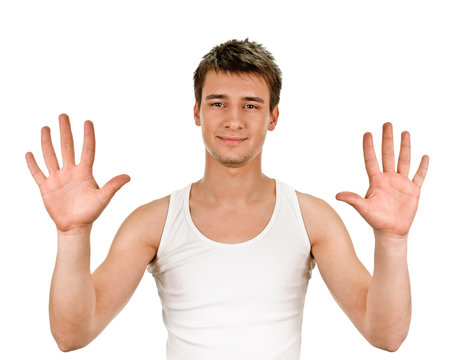 Portrait Of Happy Smiling Man Showing Ten Fingers