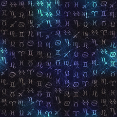Glow zodiac symbols on navy blue blur background.