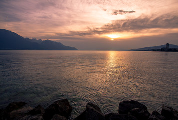 Fototapeta na wymiar Sunset over Geneva Lake, Switzerland