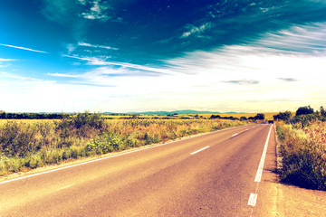 Retro Photo Of Country Road Landscape In Summer