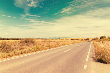 Retro Photo Of Country Road Landscape In Summer