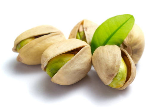 Pistachio nuts with leaf