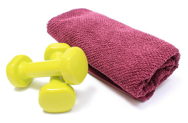 Dumbbells and towel for using in fitness
