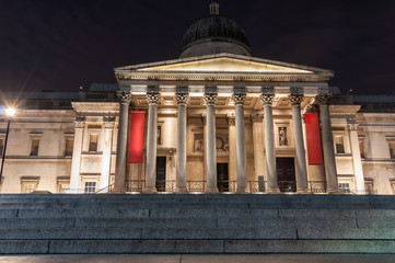 The National Gallery entrance in London at night