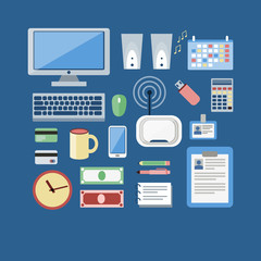 Study, office working and freelance icons set. 