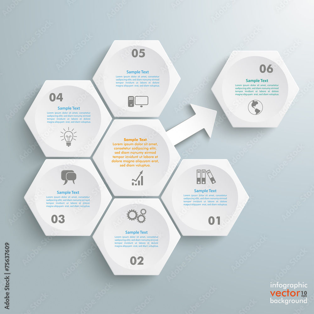 Canvas Prints 6 white hexagons 1 arrow outsource