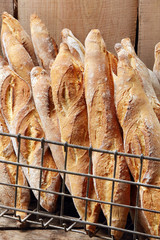 French baguettes in metal basket in bakery
